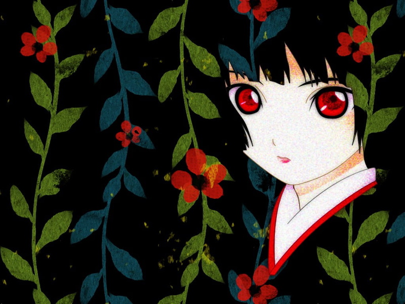 kimono, red eyes, no people, close-up, black hair, anime, flower, multi colored, animal representation, outdoors, plant part, creativity, leaf, flowers