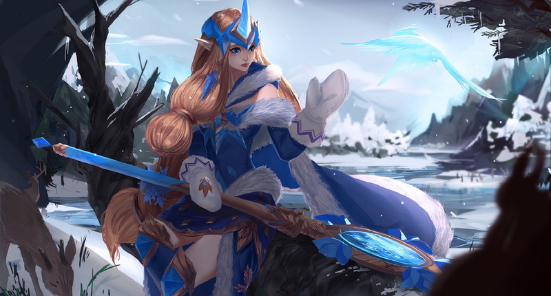 a magical artifact, snow, staff, 1080P, red, pointy, art, League Of Legends, winter, Diadema, ice, mantle, fur, Daheizhu, mittens, Soraka