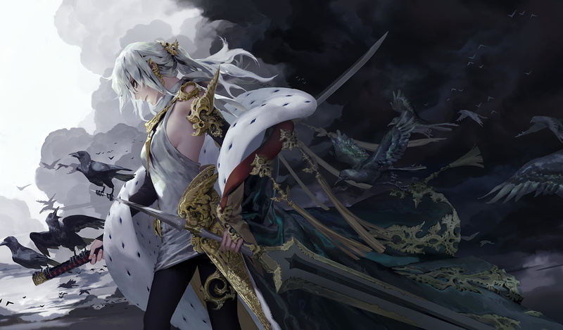 mantle, black crows, katana, darkness, Veloce Visrin, a huge sword, by Shilin, Carciphona, 1080P, the demon, pauldron