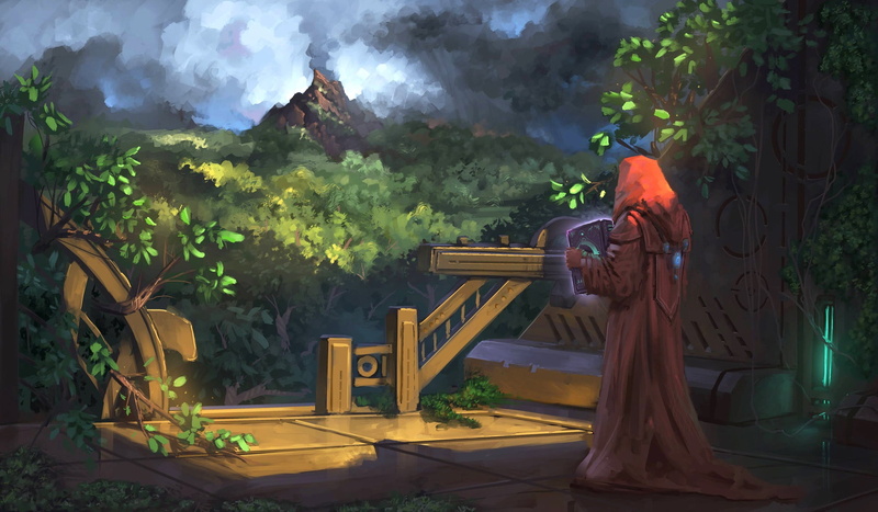 man, forest, book, 1080P, illustration, nature, trees, artwork, dark, mantle, hood, magic, Jeremy Adams, fantasy, gazebo, fantasy art, sorcerer