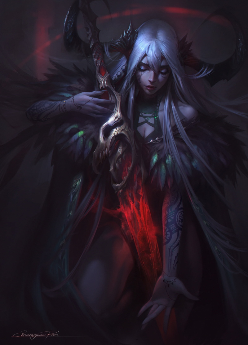 glowing, drawing, Chengwei Pan, horns, silver hair, dark, 2K, sword, fantasy art, weapon, mantle, feathers