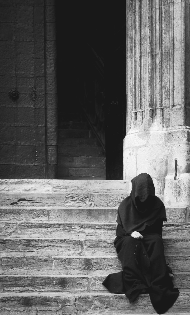 bw, outdoors, adult, contemplation, hopelessness, full length, sadness, social issues, built structure, lifestyles, wall - building feature, staircase