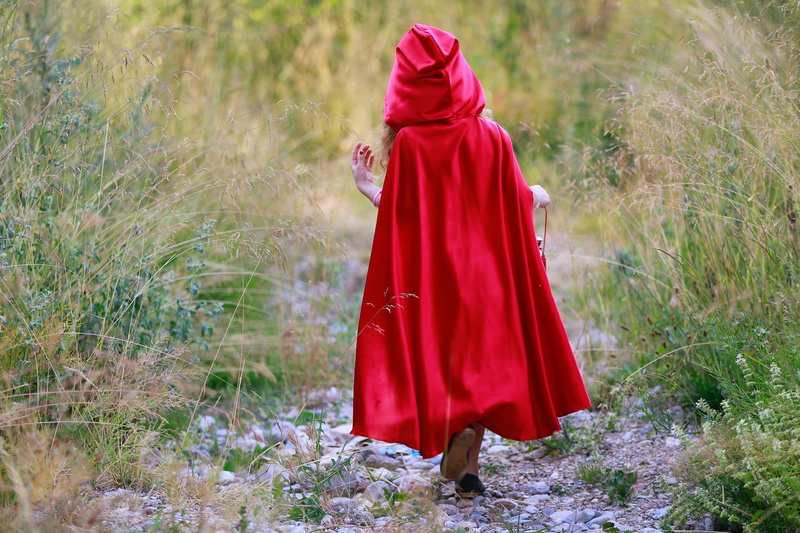 grass, outdoors, adult, cape, women, day, standing, one person, tree, plant, dress, nature, clothing, walk, 5K, full length, walking, mantle, hood - clothing