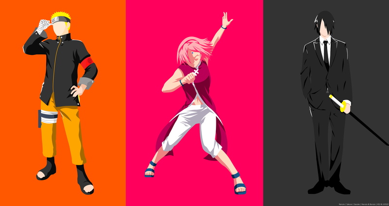 Minimalist, Anime, Tie, Short Hair, Boruto: Naruto Next Generations, Blonde, Girl, Black Hair, Sasuke Uchiha, Naruto Uzumaki, Pink Hair, 8K, Boy, Sword