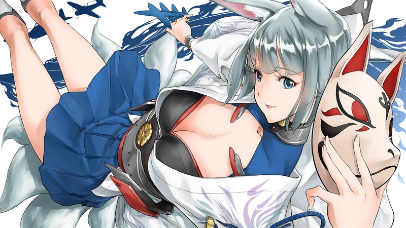 mask - disguise, blue, leisure activity, close-up, indoors, Azur Lane, studio shot, Kaga (Azur Lane), disguise, still life, pattern, red, Anime, mask, full frame