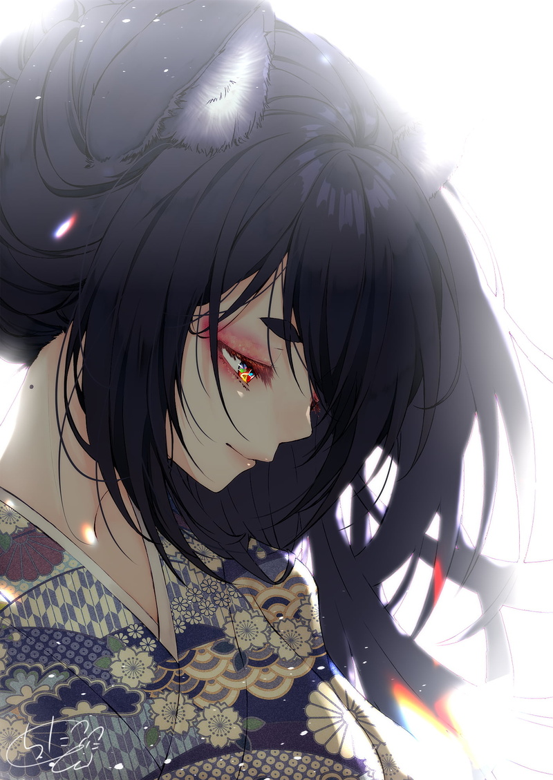 original characters, fox girl, smiling, illustration, lens flare, foxgirl, vertical, digital art, chita (ketchup), dark hair, black hair, white background
