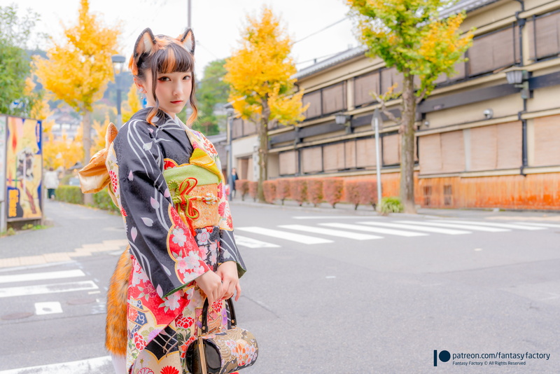 fox girl, Fantasy Factory, outdoors, bangs, cosplay, foxy ears, looking at viewer, fox tail, women, model, kimono, portrait, 5K, women outdoors, Asian