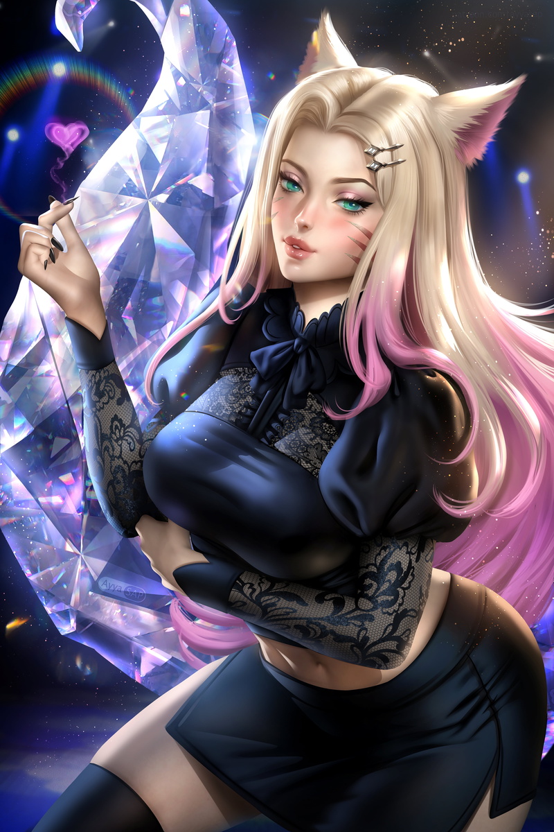 dyed hair, crystal, looking at viewer, lace, Ahri (League of Legends), video game characters, League of Legends, stockings, sensual gaze, fox girl, foxy ears