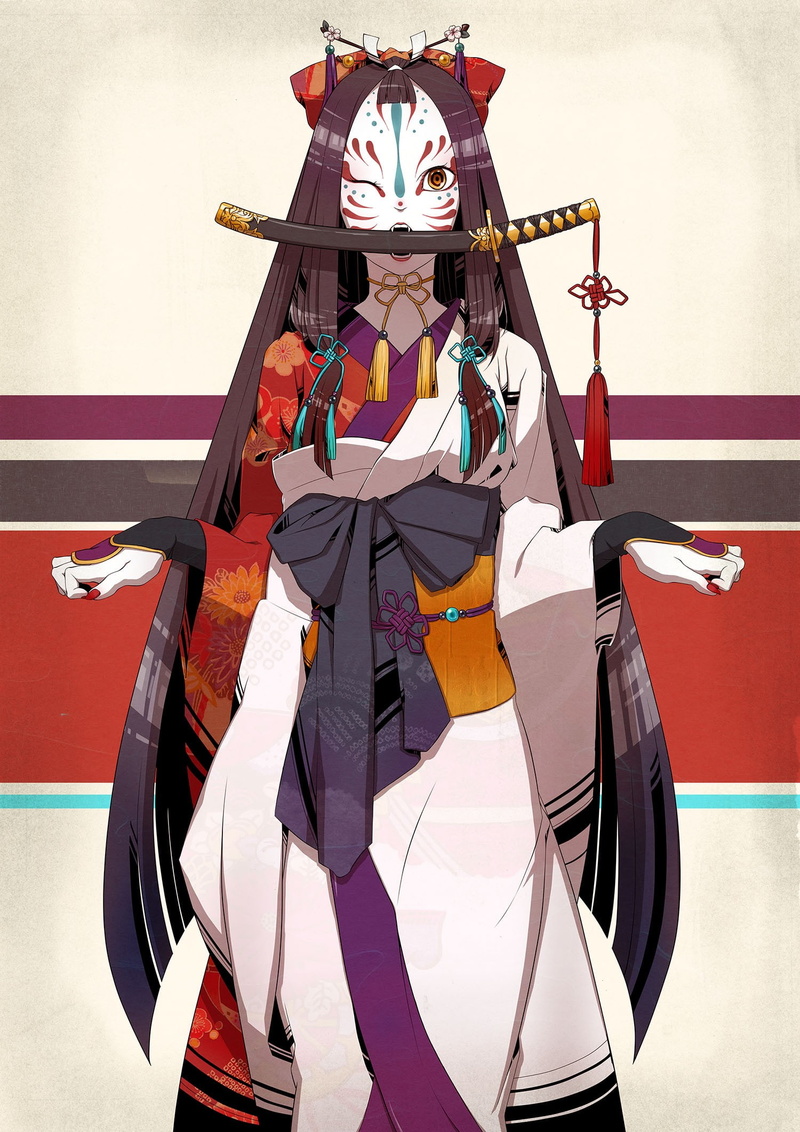 fox mask, 1080P, Wakizashi, long hair