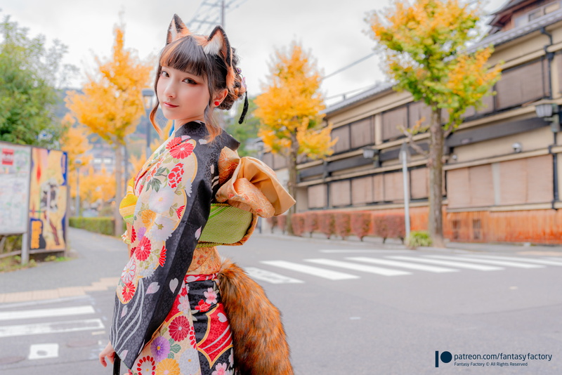 model, Asian, women outdoors, women, Fantasy Factory, fox girl, looking at viewer, depth of field, cosplay, foxy ears, 5K, portrait, fox tail, outdoors