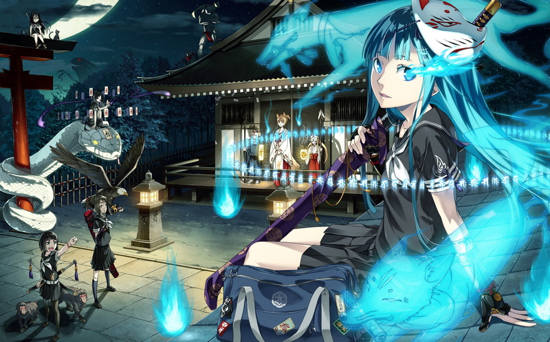 night, 2K, original characters, snake, fox girl, monkey, eagle, kitsunemimi, mask, katana