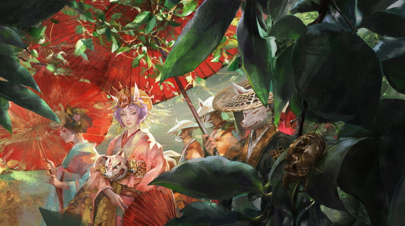 crown, red umbrella, green foliage, 1080P, by Amber, kimono, the procession, demon mask, werewolf, nine-tailed Fox