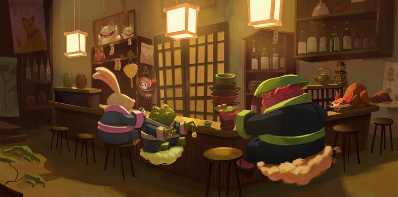 1080P, rabbits, food, mask, lamp, animals, clothes, pigs, chair, concept art, bar, fox, Slawek Fedorczuk, frog