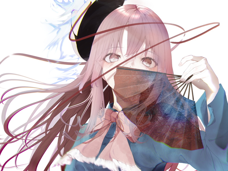 ribbons, long hair, anime, Touhou, pink hair, Hata no Kokoro, looking at viewer, fox mask, anime girls, 5K, white background, pink eyes, hand fan