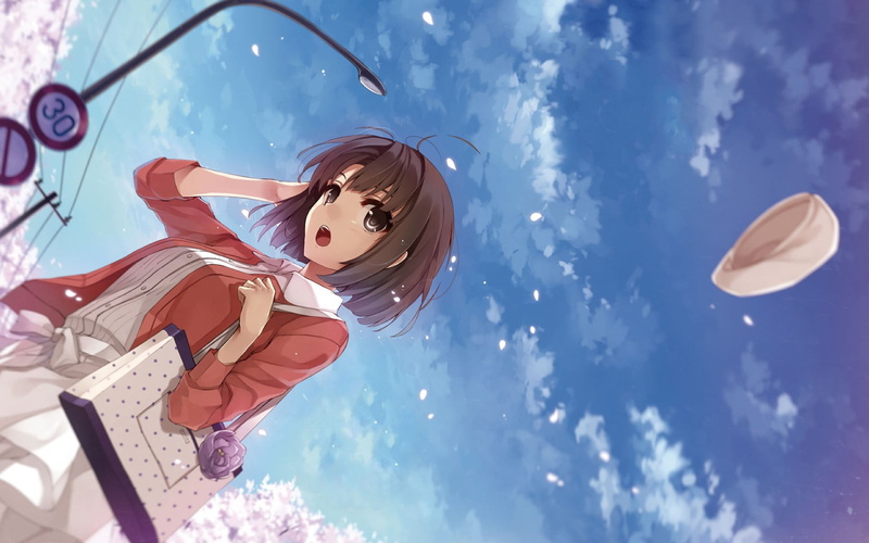focus on foreground, sky, hat, holding, sign, real people, sunlight, day, nature, Kato Megumi, clouds, lifestyles, leisure activity, Saenai Heroine no Sodatekata