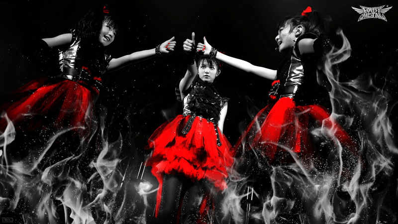 motion, dress, creativity, Su-METAL, floral, 4K, Babymetal, red, clothing, indoors, water, Yui-METAL, black, women, metal music, people, selective coloring