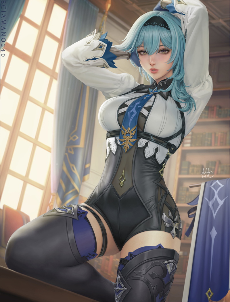 Genshin Impact, video game art, women, 2K, Eula (Genshin Impact), tie, arms up, drawing, digital art, illustration, fantasy girl, anime, fan art, long hair