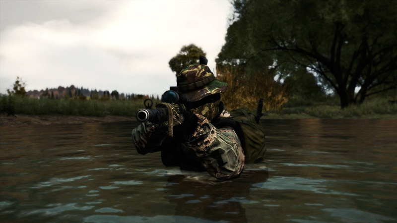 cover, outdoors, plant, gun, uniform, shooting, rear view, full length, lake, nature, tree, one person, security, adult, DayZ, person, army soldier, first