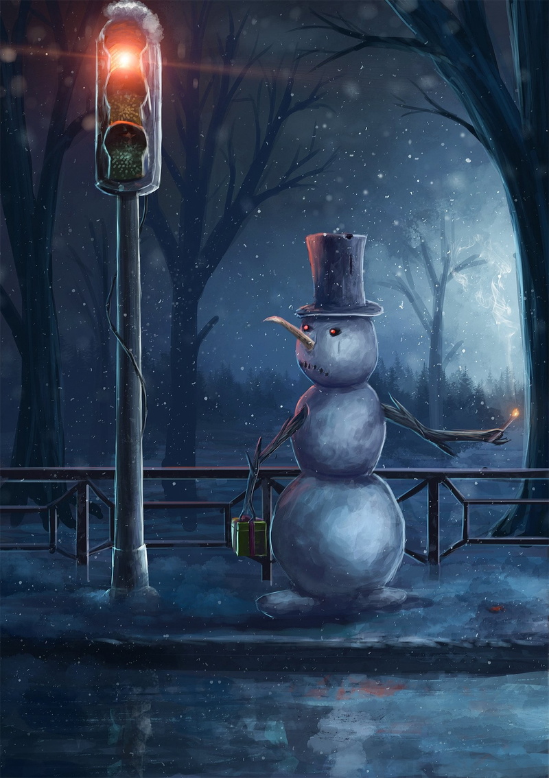 ice, art, hat, black, traffic lights, astronomy, back lit, 1080P, sky, lighting equipment, dusk, snow, outdoors, illuminated, no people, electric lamp