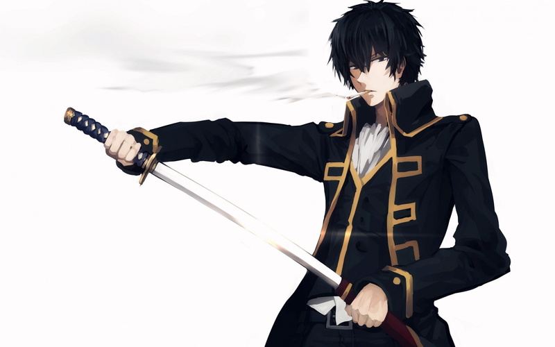 black, cigarette smoking, uniform, Gintama, anime, Hijikata Toushirou, character, 2K, male, suit, sword, holding, guy