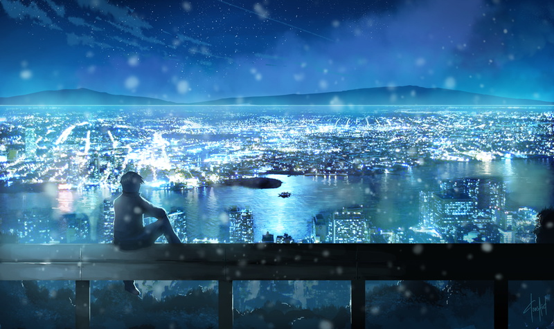 digital, nature, blue, building Exterior, sky, men, the city, night, clouds, lifestyles, sea, one person, railing, art, architecture, skyscraper, donsaid
