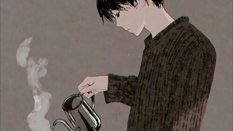 coffee, anime guy, one person, holding, side view, outdoors, wall - building feature, activity, communication, day, nature, bicycle, anime boy, focus on foreground