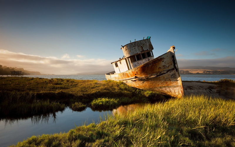 shipwreck, California, deterioration, land, old, grass, sky, abandoned, water, body, landscape, no people, boat, obsolete, nautical vessel, decline, rusty