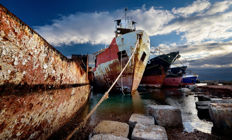 sky, no people, deterioration, transportation, sinking, sailboat, rusty, water, shipwreck, mode of transportation, beach, damaged, wreck, ship, nature