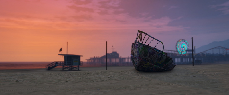 sea, Grand Theft Auto V, 2K, built structure, water, sand, dusk, outdoors, brown, travel destinations, land, shipwreck, panoramic, cloud - sky, nature