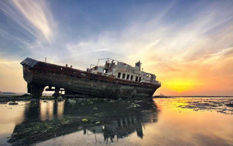 sky, deterioration, mode of transportation, ship, ruined, coast, Sun, nature, beach, rock, land, transportation, no people, damaged, obsolete, shipwreck