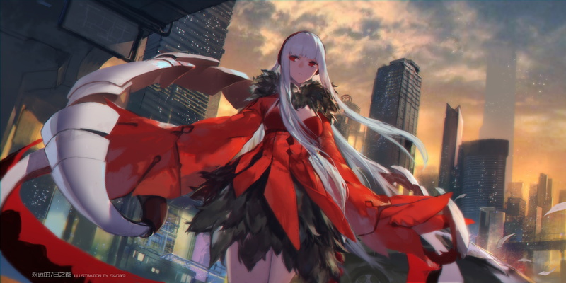 skyscraper, leisure activity, built structure, cloud - sky, swd3e2, disguise, white hair, adult, outdoors, building exterior, mask - disguise, 1080P, architecture