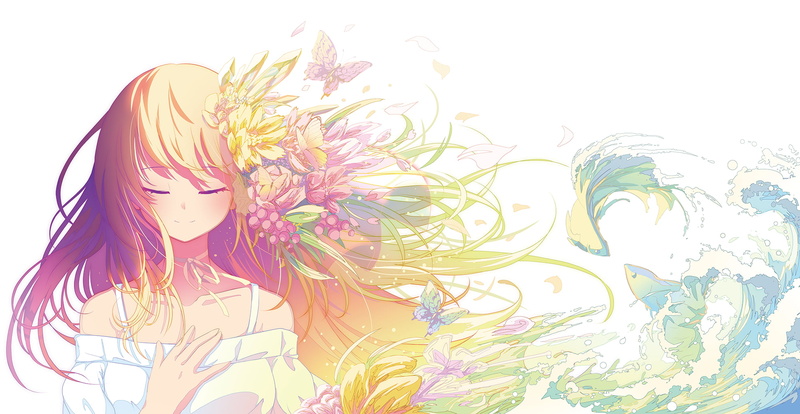 original characters, anime girls, digital art, 2D, flowers, fantasy art, long hair, fish, artwork, Berry Verrine, white background, closed eyes, smiling