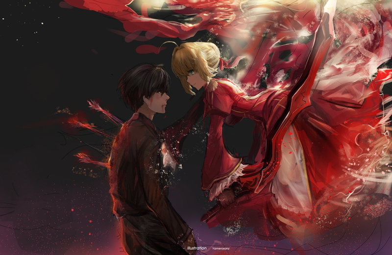 Fate Series, Green Eyes, Blood, Weapon, Nero Claudius, Girl, Fate/Extra, Blonde, Smile, Saber (Fate Series), Arrow, Sword, Hakuno Kishinami, 1080P, Short