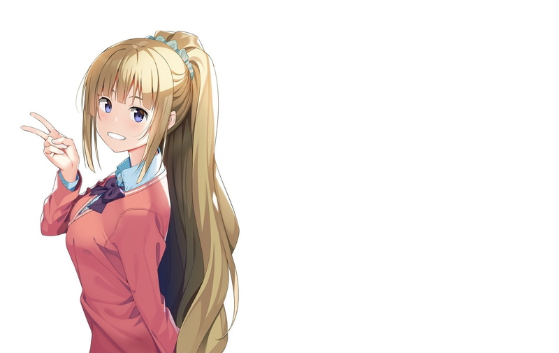 720P, Long Hair, Blush, Blue Eyes, Kei Karuizawa, Classroom of the Elite, Blonde, Peace Sign, Girl, Smile, bow (Clothing), Anime