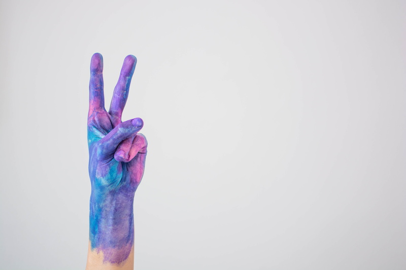white background, holding, indoors, personal perspective, body part, human hand, human finger, human body part, men, peace, purple, finger, watercolor