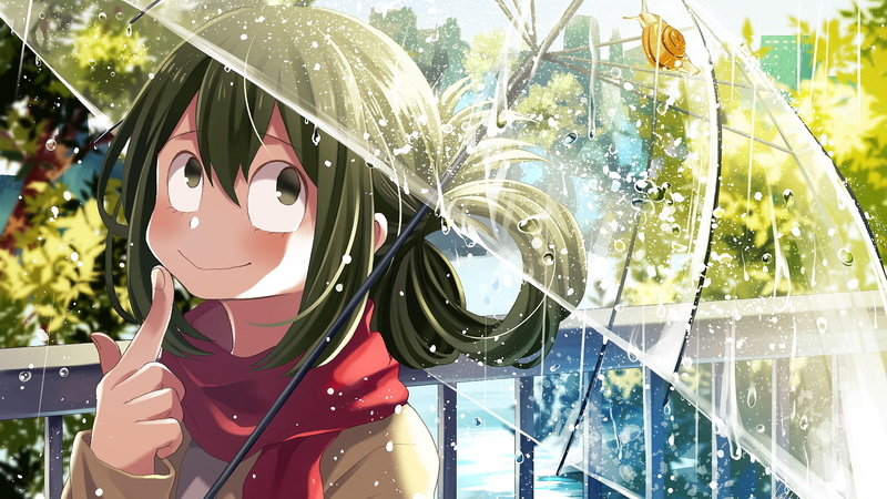snail, park, Tsuyu Asui, 4K, green hair, water, digital, concept art, rain, trees, city, environment, anime, umbrella, digital art, Boku no hero, fictional