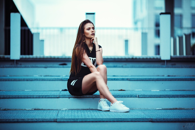 brunette, sitting, 1080P, black dress, women, sneakers, Alexandre Arfini