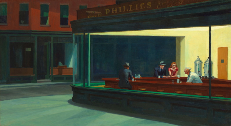 built structure, business, reflection, edward hopper artwork painting nighthawks classic art diner, men, leisure activity, bar - drink establishment, sitting