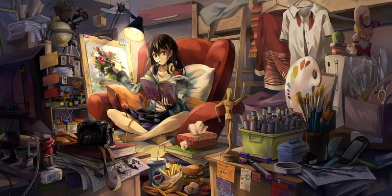 room, casual, 1080P, original characters, clutter, anime girls, interior, painting, anime, artwork, books