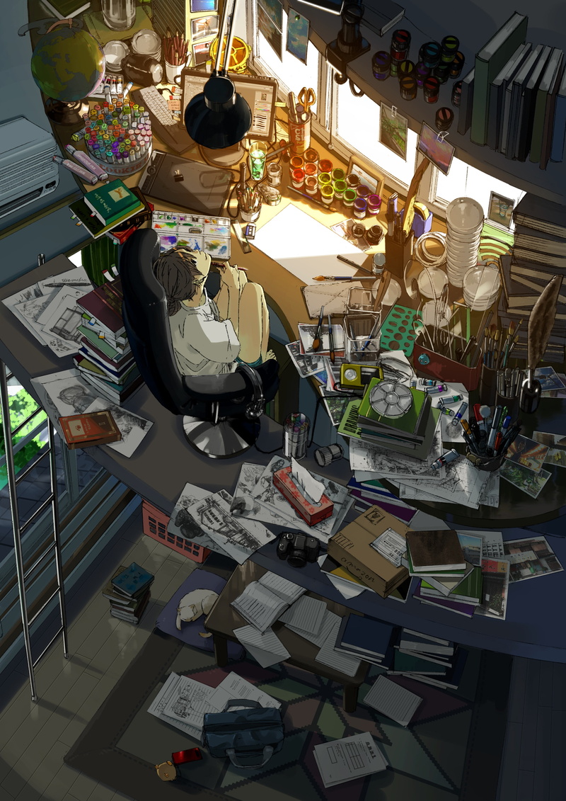 rolling, day, electric lamp, seat, absence, furniture, illuminated, desk, front, girl, sitting, detailed, large group of objects, no people, book, artwork