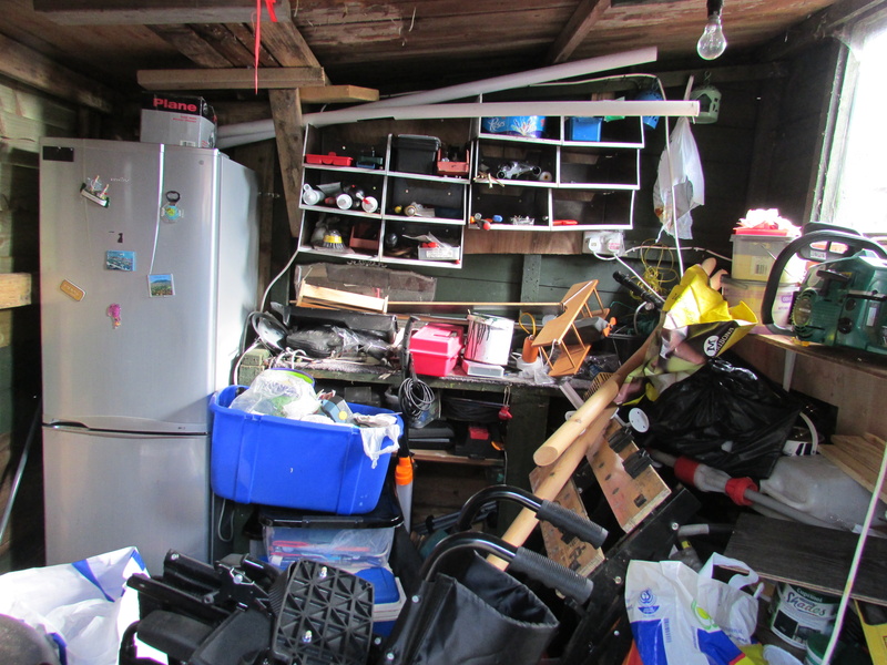 day, messy, two people, travel, untidy, females, clutter, repairing, box, garden shed, indoors, domestic room, blue, mode of transportation, working, shed
