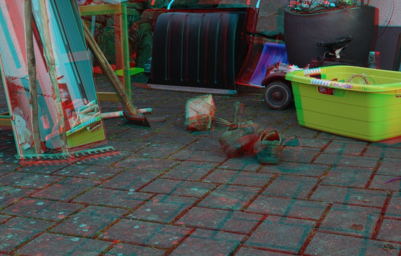 nature, seat, container, 3d image, day, paving stone, built structure, absence, clutter, color anaglyph, color anaglyph 3d, stereogram, footpath, garbage bin