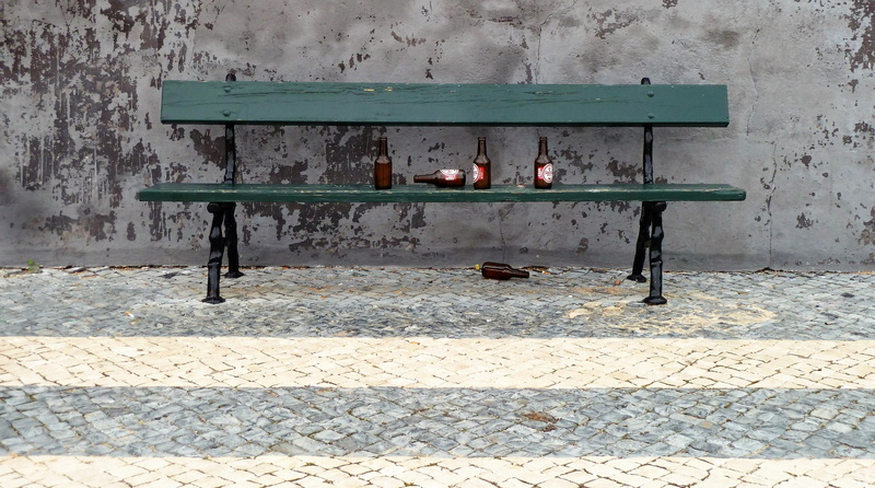 boozing, 4K, retro styled, bench, city, built structure, deposit, wall - building feature, drunk, footpath, old, beer, sidewalk, waste, drinking, street