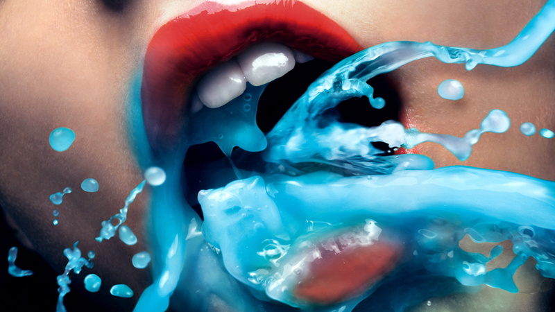 studio shot, adult, mouth, digital art, beauty, artwork, blue, red, drop, young adult, human face, blue background, sea, red lipstick, water, lipstick
