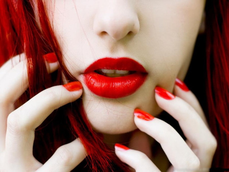 red lipstick, women, 480P, redhead, painted nails, face, mouth