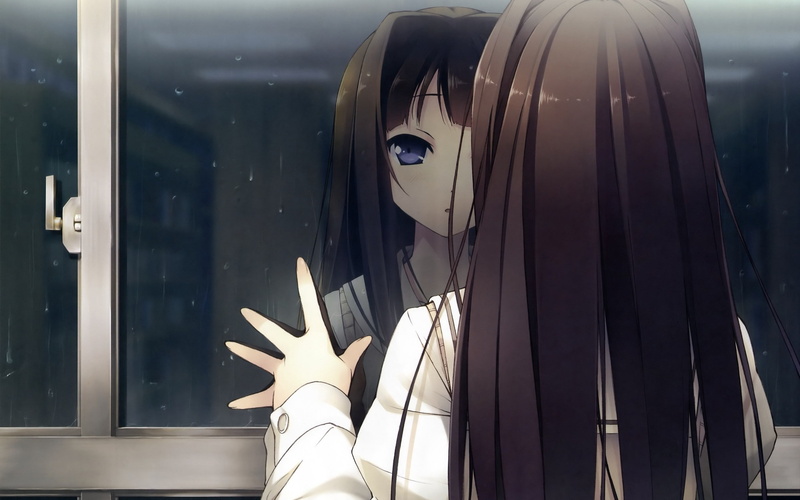 open mouth, Ayase Sayuki, 2K, Your Diary, blue eyes, looking out window, visual novel, anime girls, artwork, anime, black hair, long hair, brunette