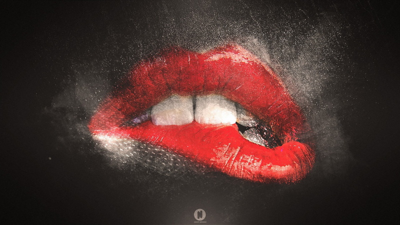 open mouth, teeth, red lipstick, 1080P, lips, women, black, artwork