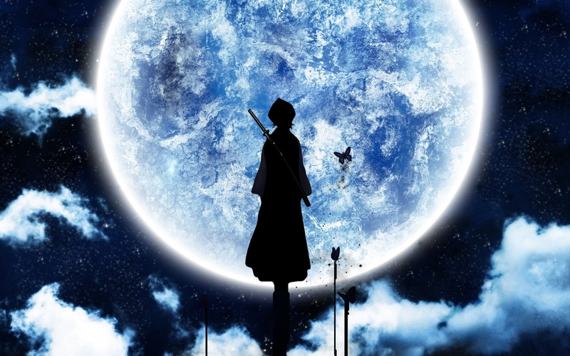 silhouette, 2K, Kuchiki Rukia, Bleach, moonlight, Moon, anime