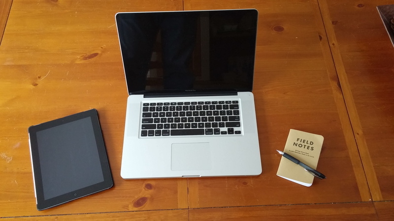 technology, wooden table, field notes, retractable, laptop, notebook, mac, Macbook Pro, portable information device, furniture, black, writers, connection