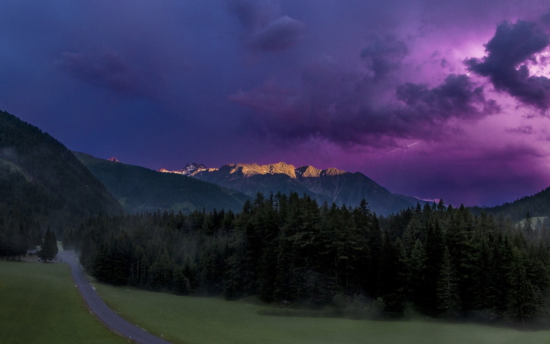 purple, sunlight, nature, sky, plant, pine woodland, no people, thunderstorm, tranquility, water, landscape, clouds, mountain, Austria, tranquil scene